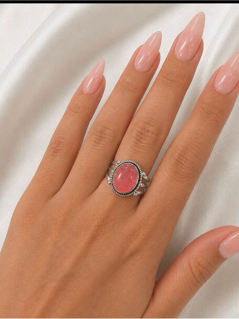 Pink Jade 925 Triple Sterling Silver Ring